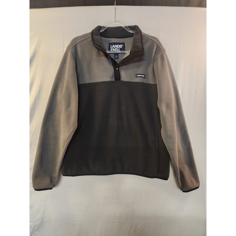 Lands' End Men Gray & Blue Fleece 1/4 Button Pullover Size L Outdoor Active